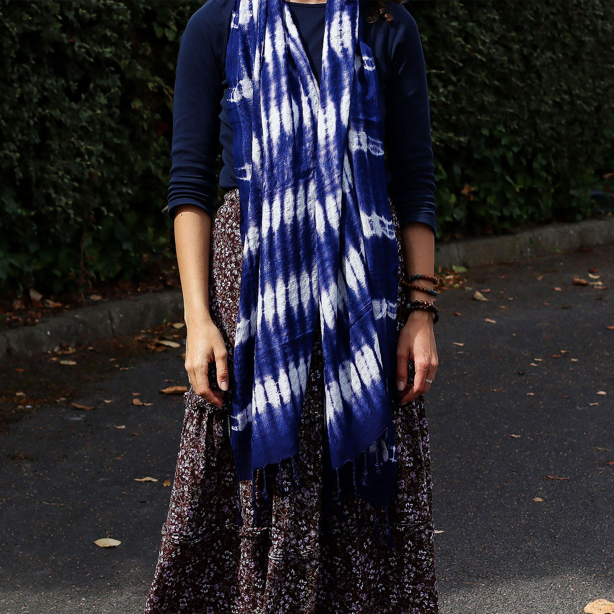 Indigo Striped Boho Java Art Scarf – 62 x 200cm