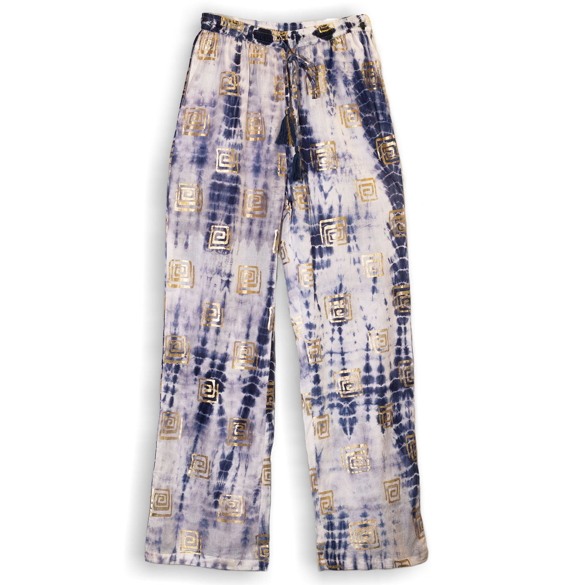 Gold and Blue Hand-Painted Greek Motif Lounge Pants