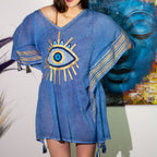 Rich Blue and Gold Evil Eye Print Kaftan