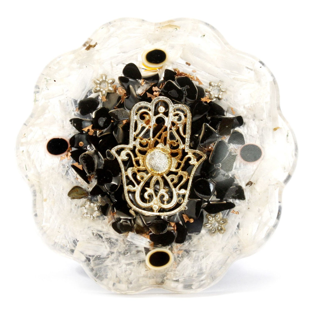 Hamsa Orgonite Desk Ornament with Selenite