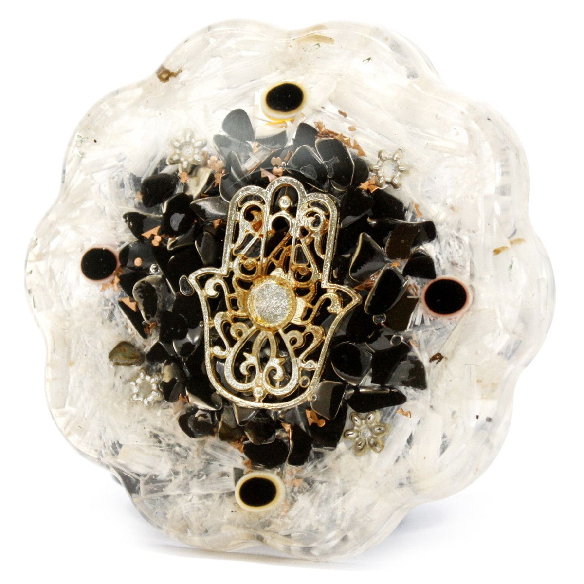 Hamsa Orgonite Desk Ornament with Selenite