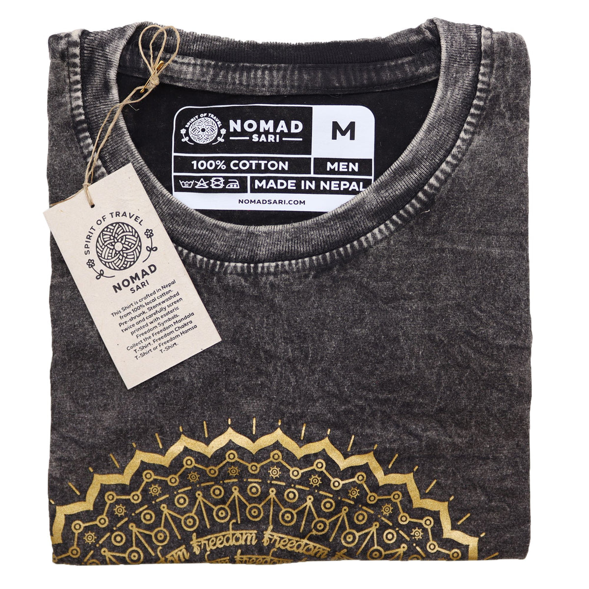 Mandala Stonewashed Cotton T-Shirt – Dark Grey, Medium