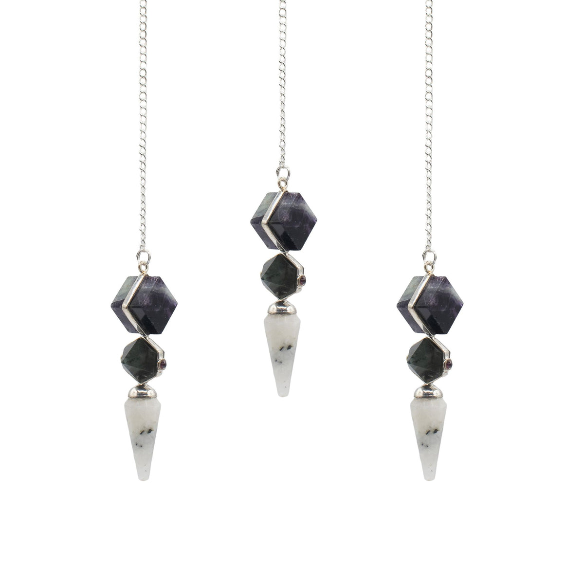 Fluorite, Labradorite and Rainbow Moonstone Pendulum Set