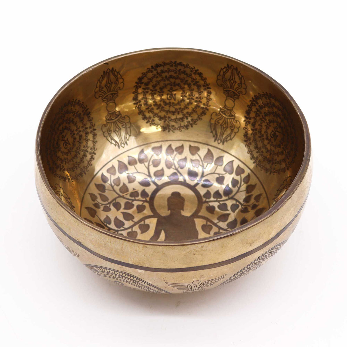 Engraved Tibetan Singing Bowl with Bodhi Tree and Buddha – 16cm