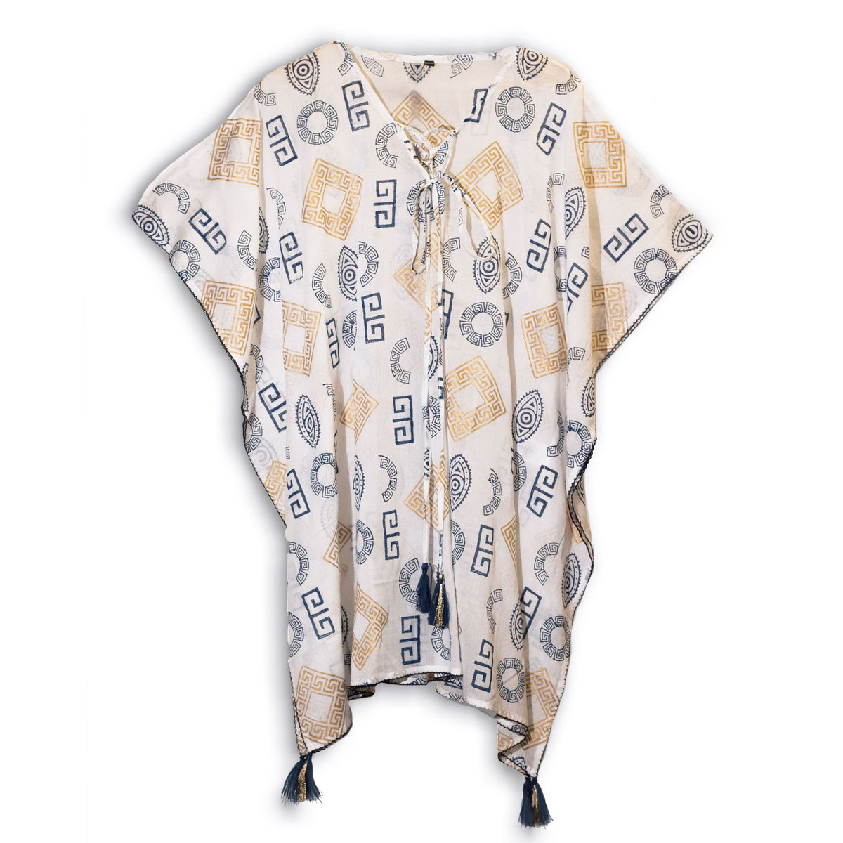 Gold and Blue Hand-Painted Greek Motif Kaftan