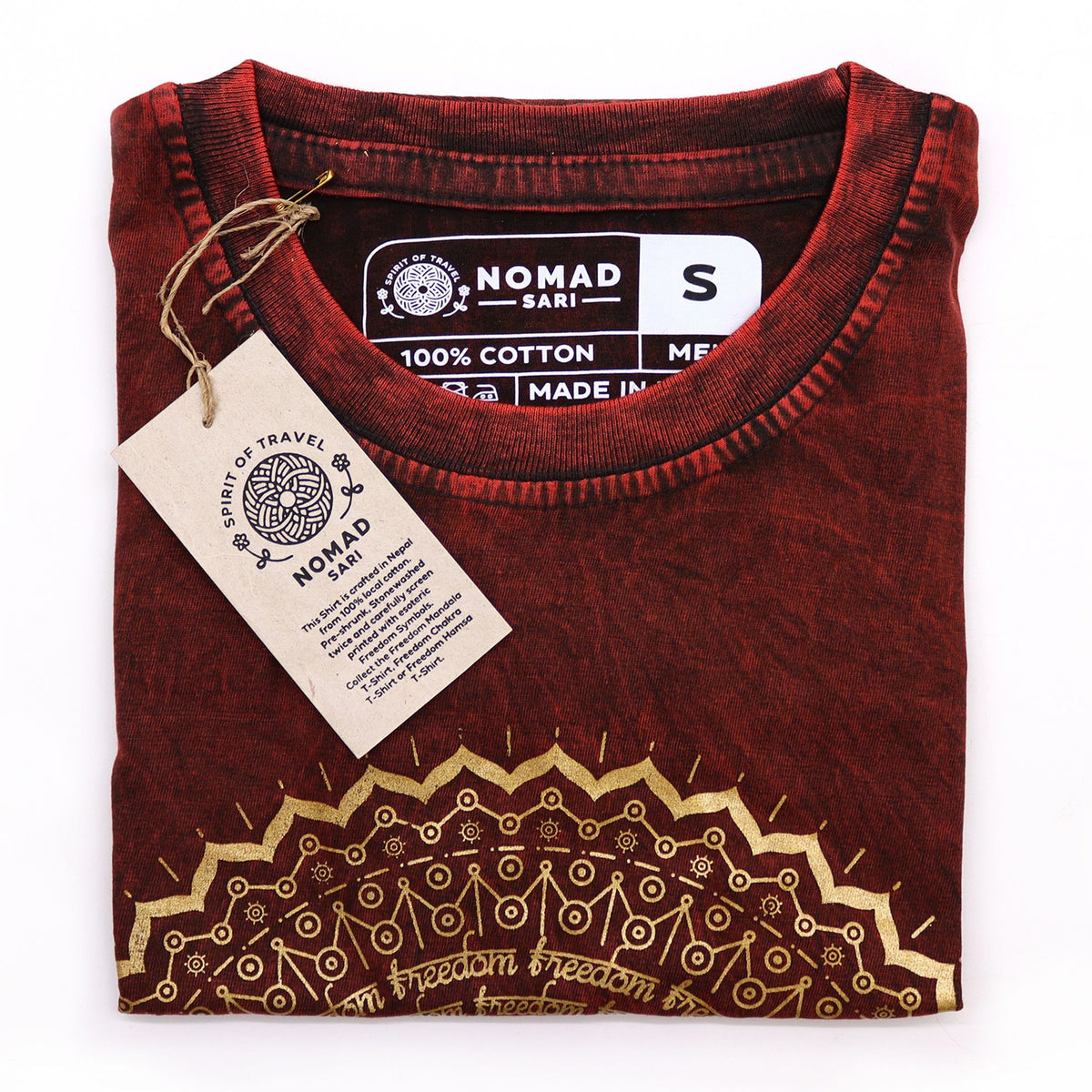 Mandala Stonewashed Cotton T-Shirt – Maroon, Small