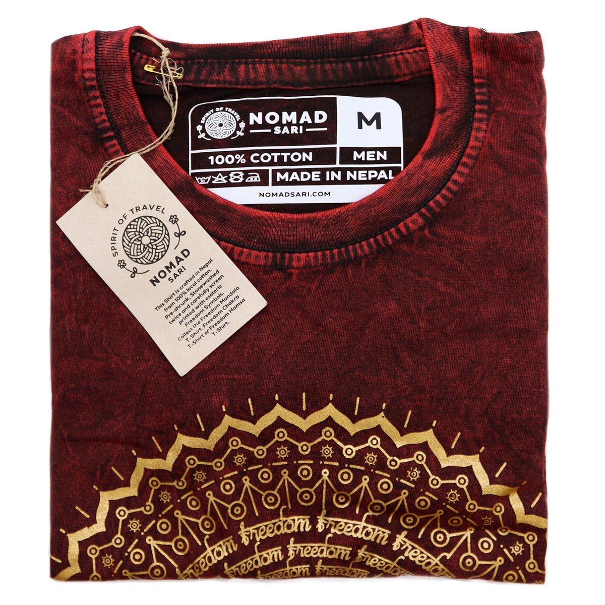 Mandala Stonewashed Cotton T-Shirt – Maroon, Medium