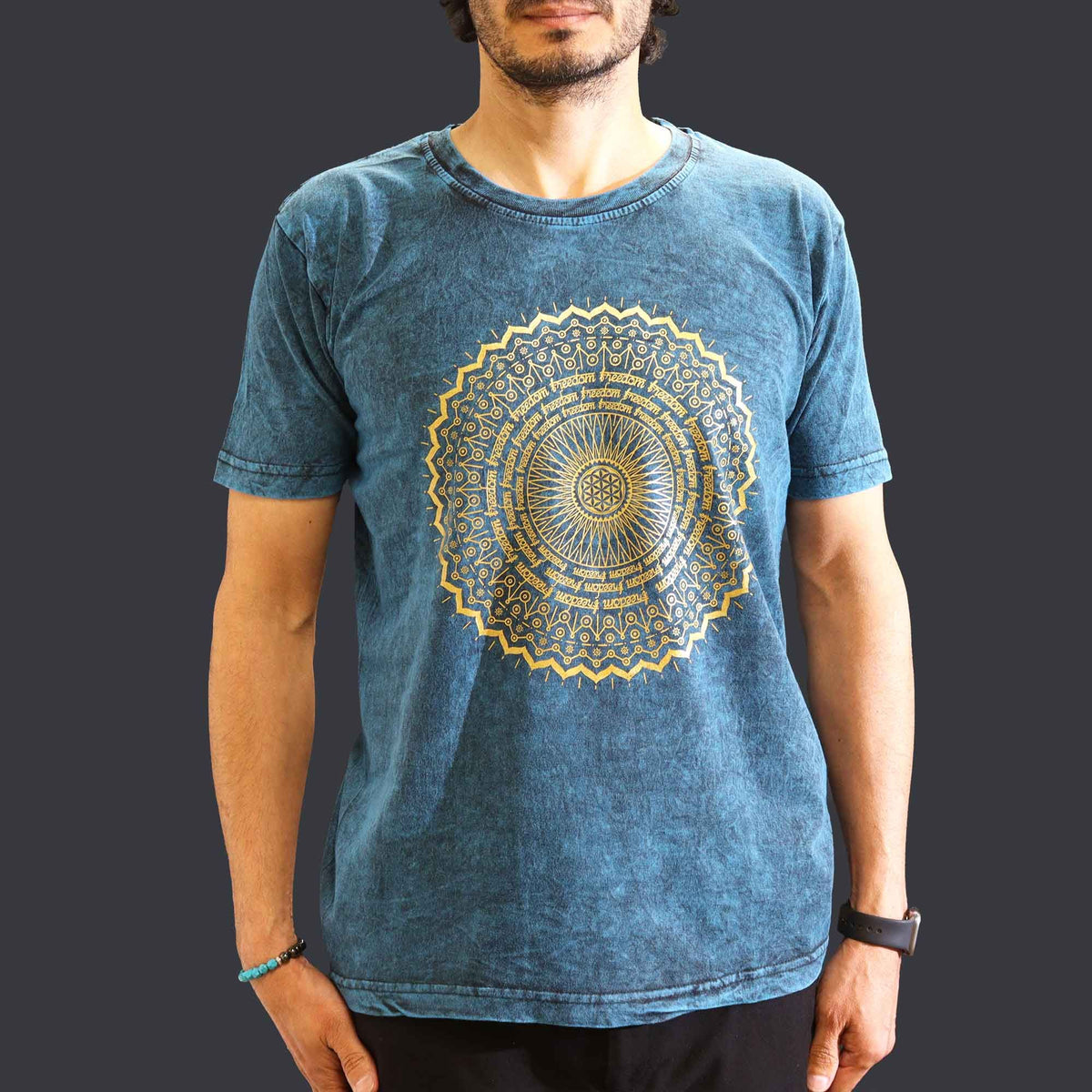 Mandala Stonewashed Cotton T-Shirt – Blue, Medium