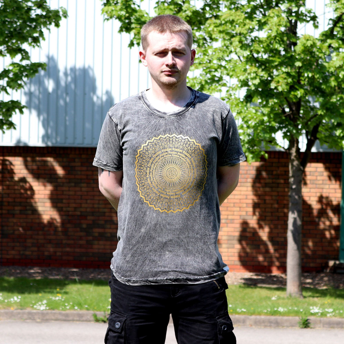 Mandala Stonewashed Cotton T-Shirt – Dark Grey, Large