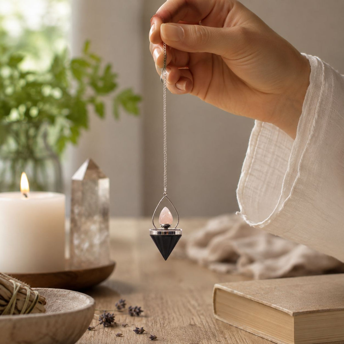 Black Agate and Rose Quartz Lantern of Life Pendulum