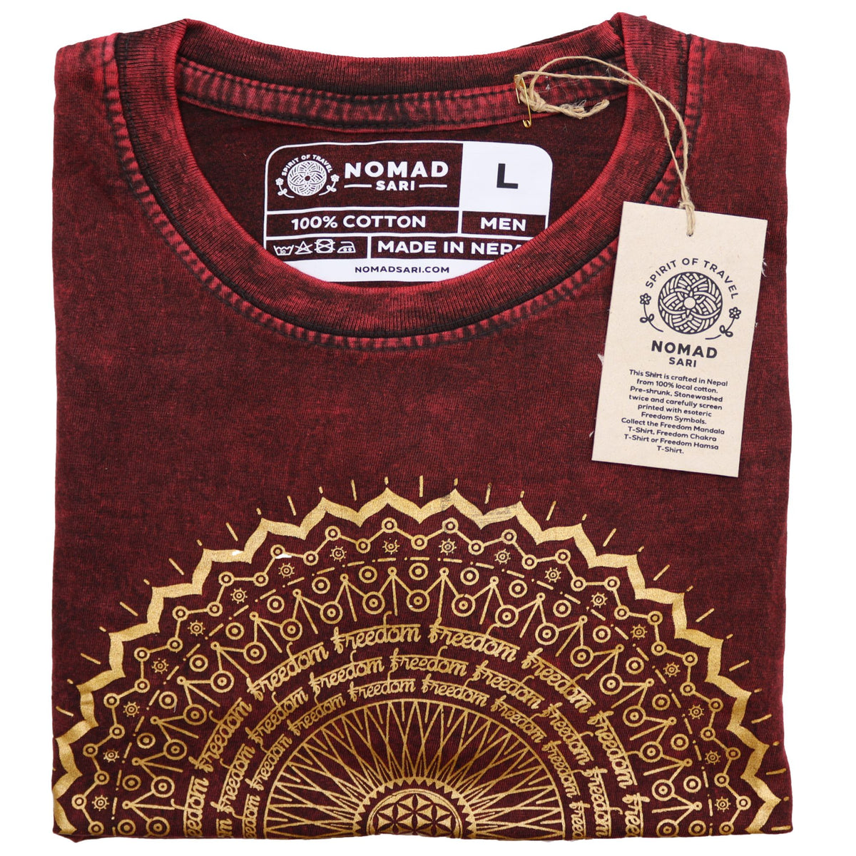 Mandala Stonewashed Cotton T-Shirt – Maroon, Large