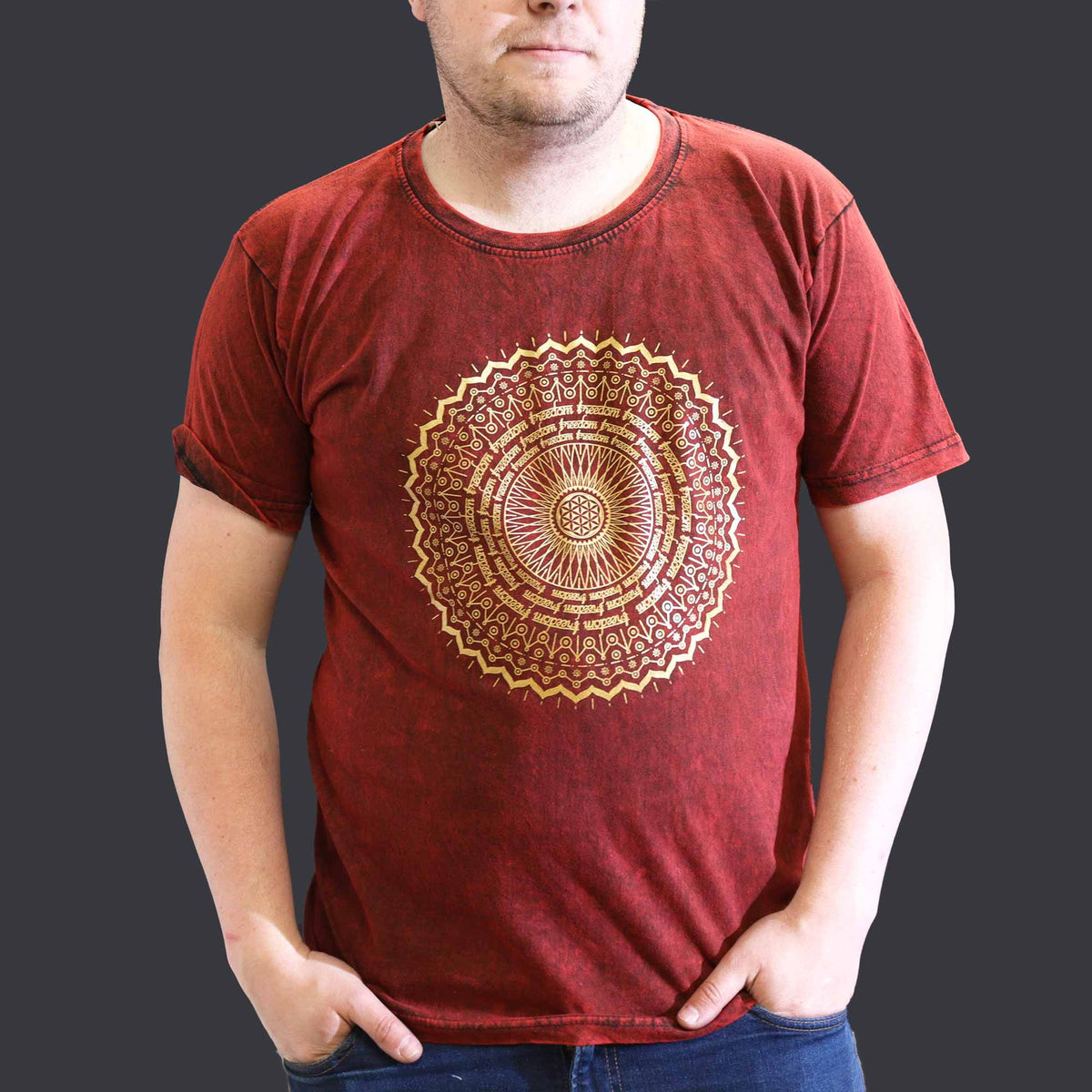 Mandala Maroon Stonewashed Cotton T-Shirt – XL