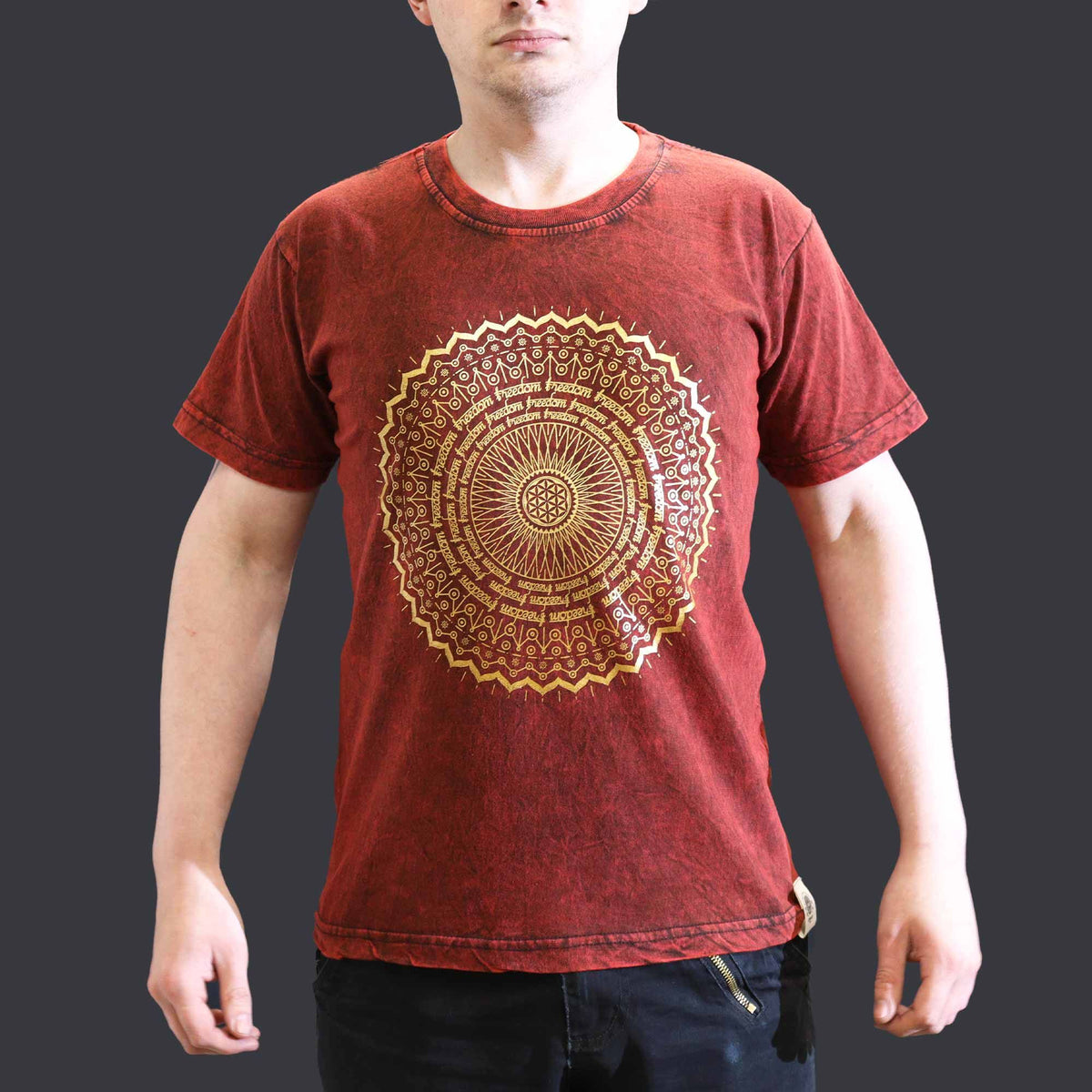 Mandala Stonewashed Cotton T-Shirt – Maroon, Small