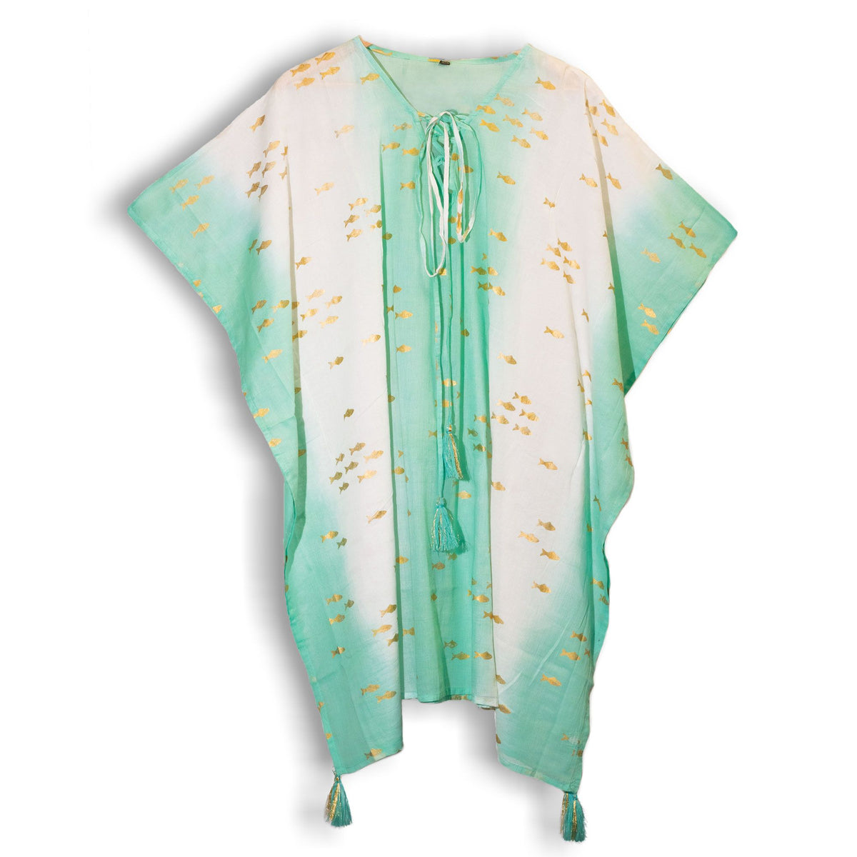 White Turquoise and Gold Fish Print Kaftan