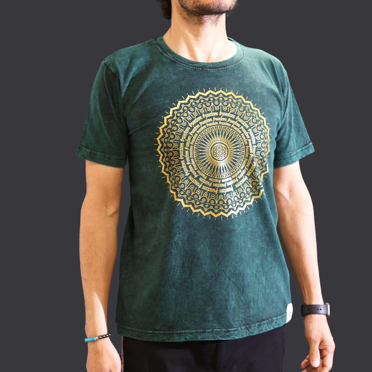 Mandala Stonewashed Cotton T-Shirt – Green, Medium
