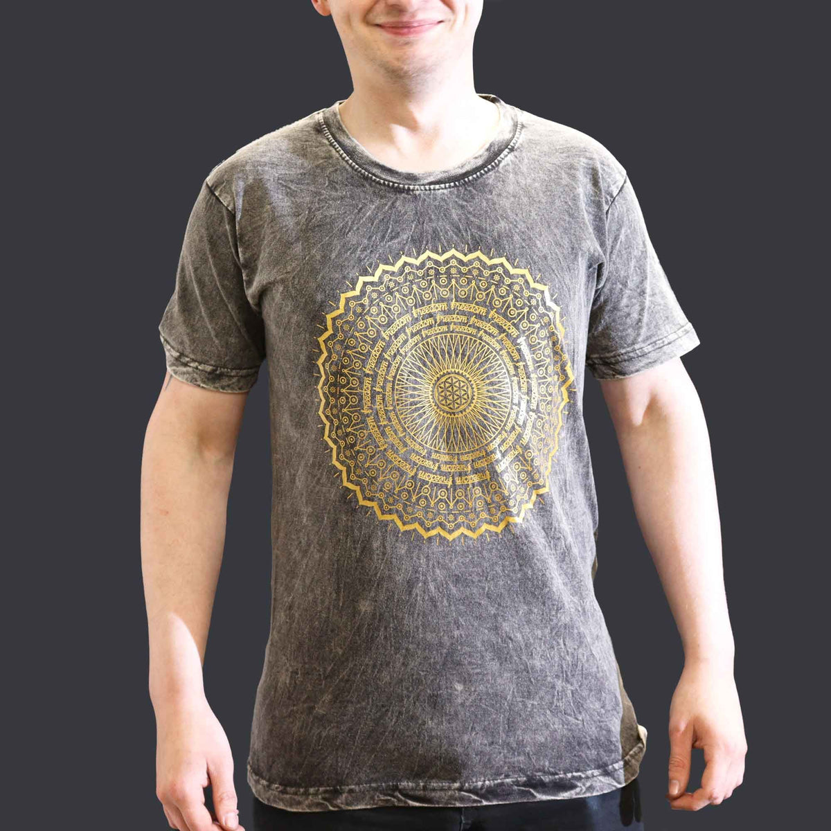 Mandala Stonewashed Cotton T-Shirt – Dark Grey, Small