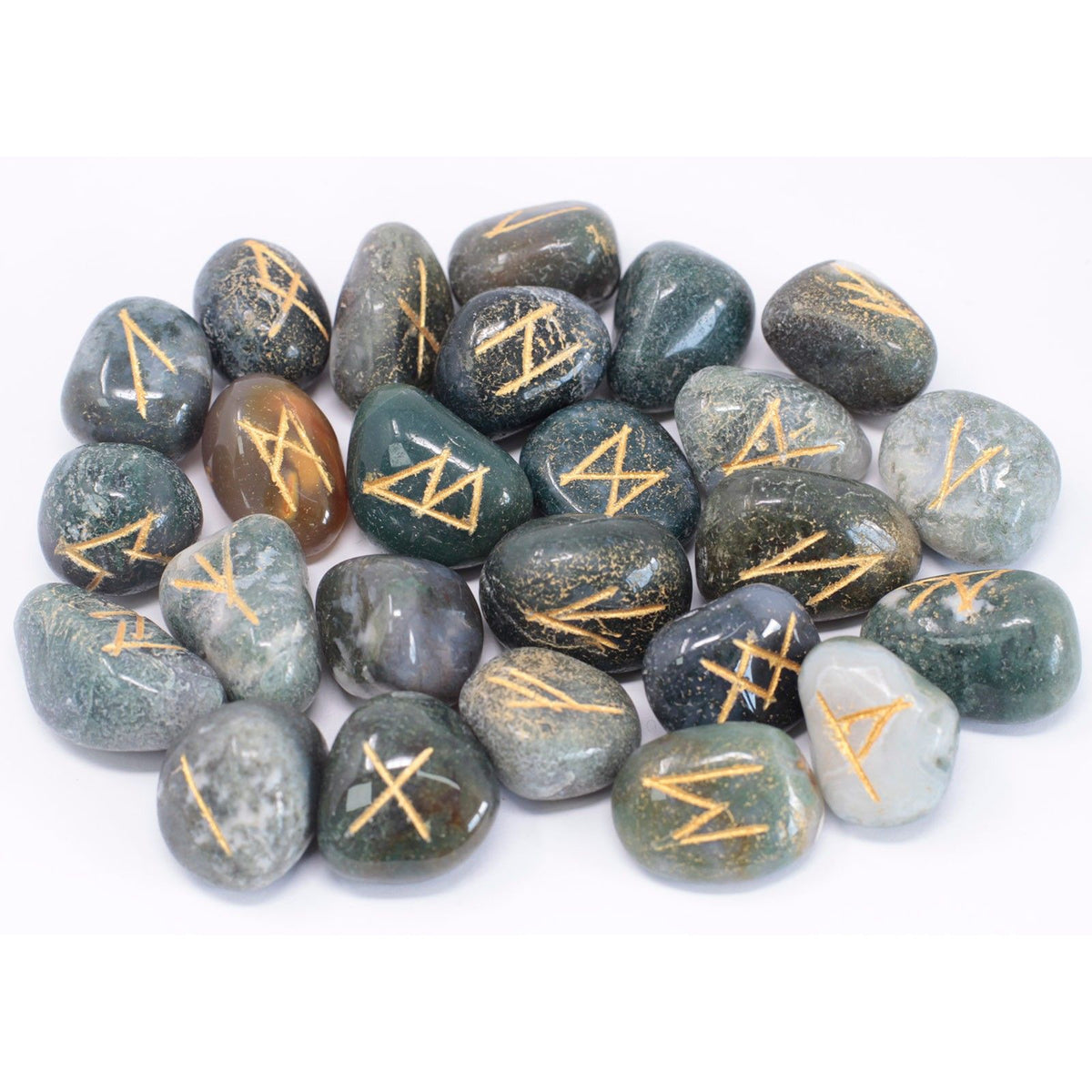Moss Agate Rune Stone Set with Pouch