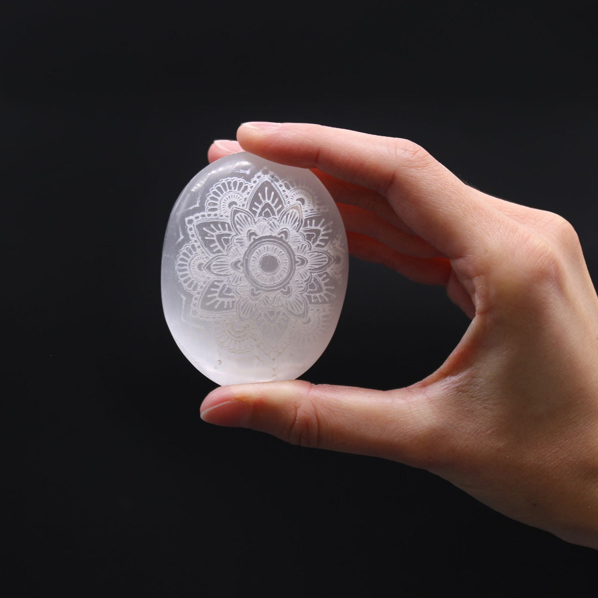 Engraved Selenite Mandala Palm Stone