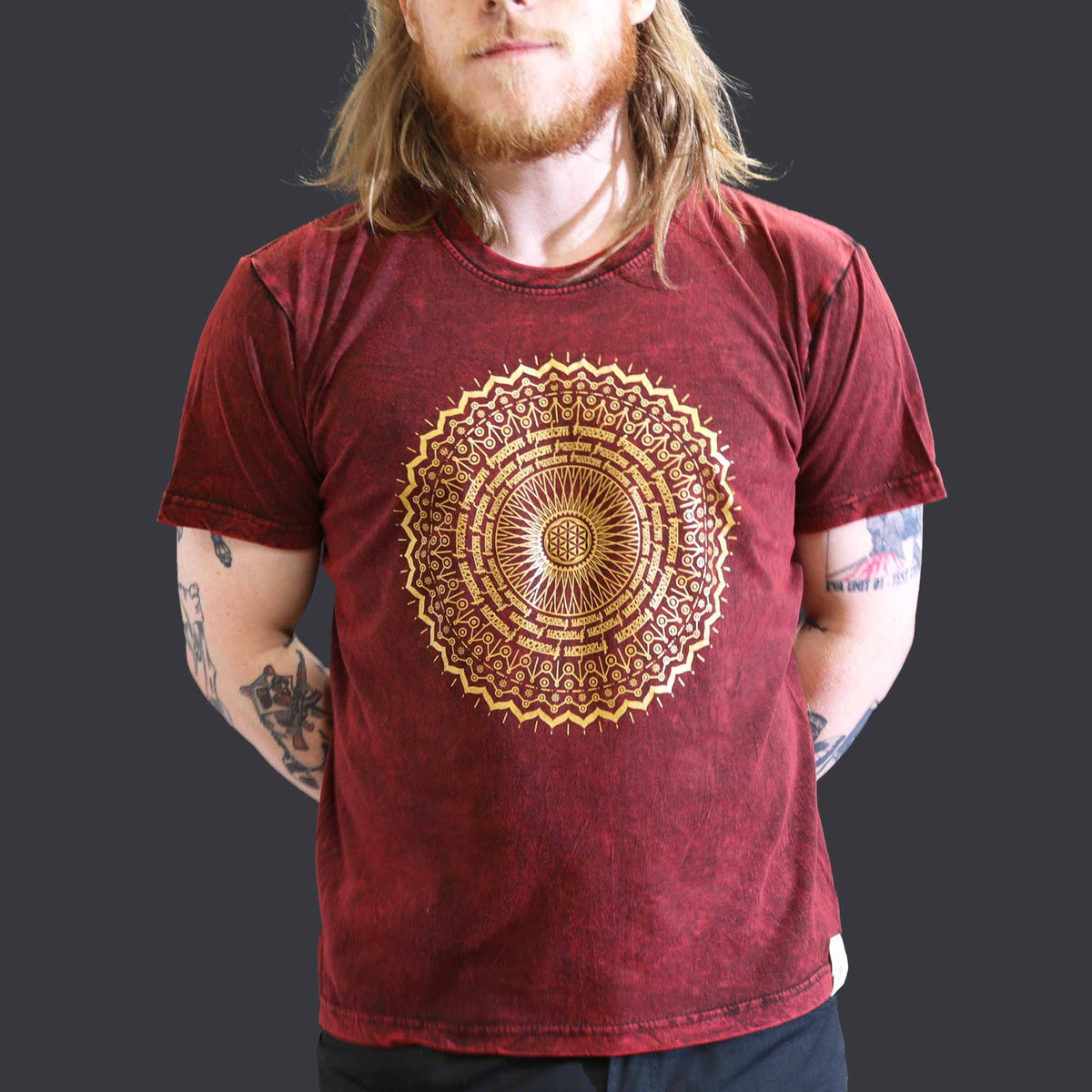 Mandala Stonewashed Cotton T-Shirt – Maroon, Large