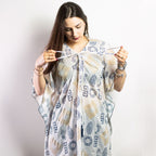 Gold and Blue Hand-Painted Greek Motif Kaftan