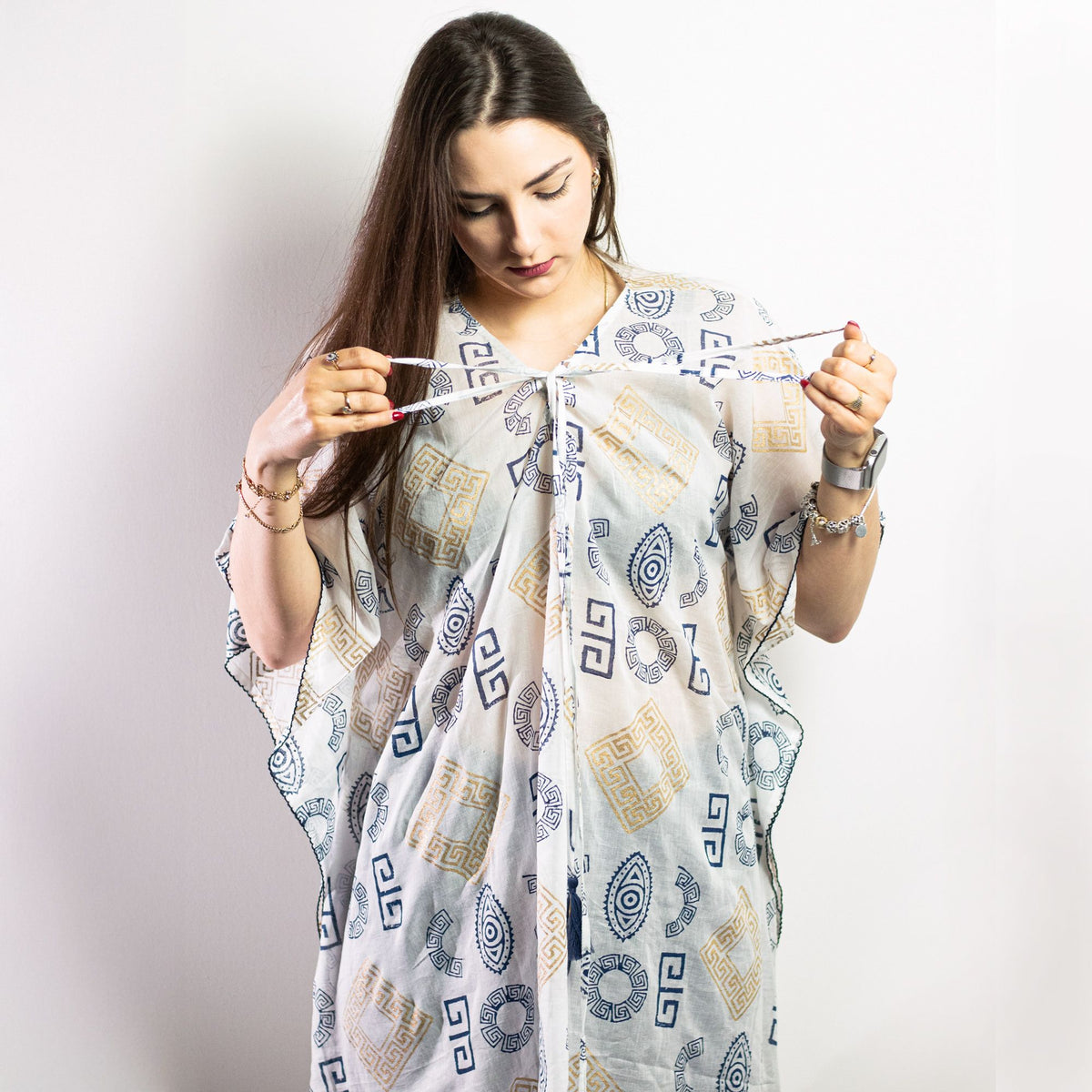 Gold and Blue Hand-Painted Greek Motif Kaftan