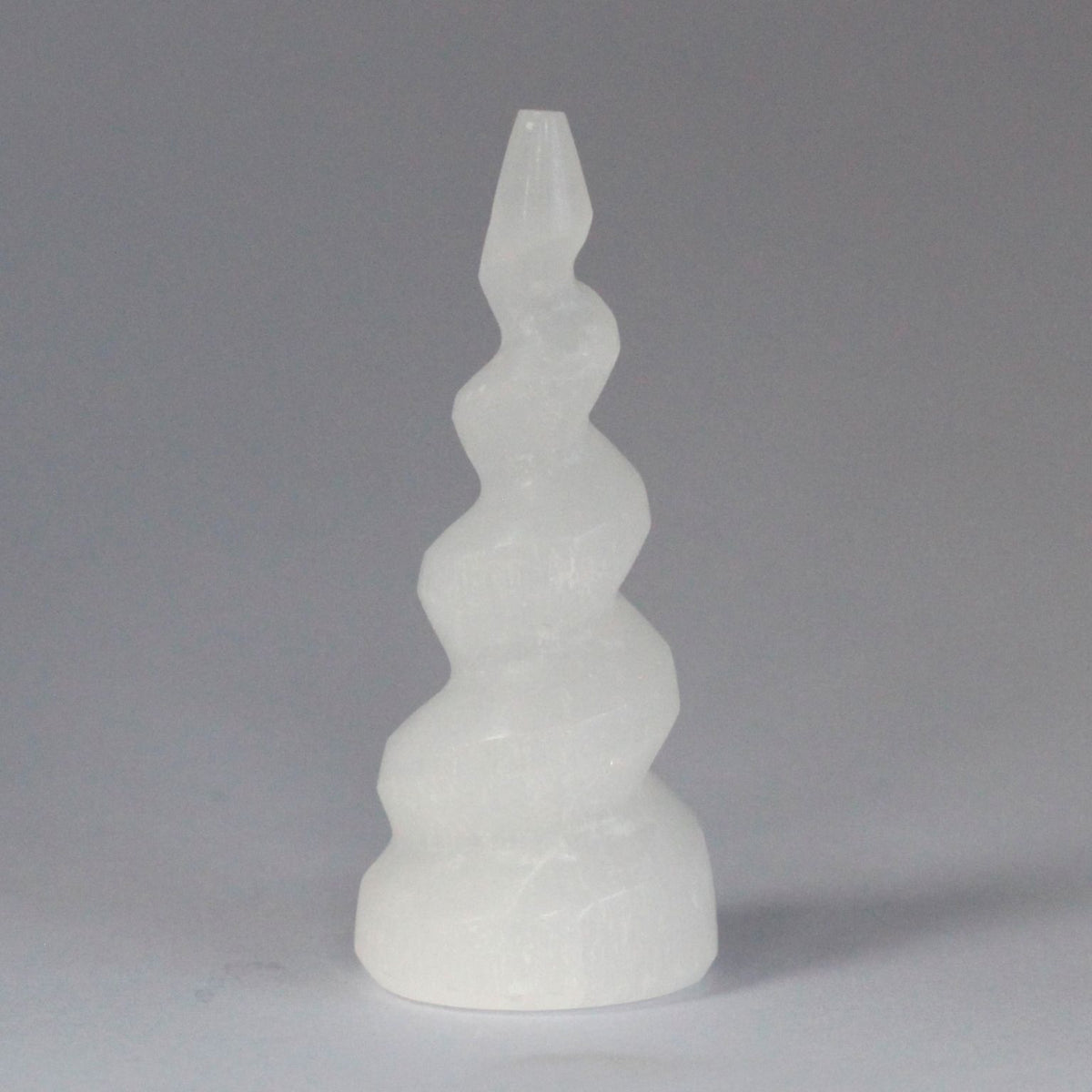 Selenite Spiral Unicorn Horn Tower – 10cm