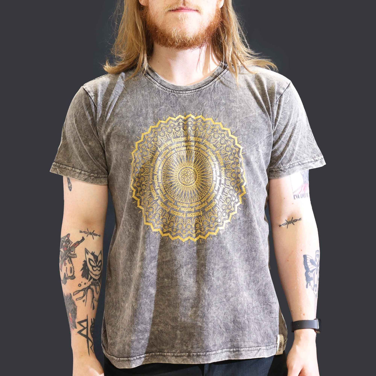 Mandala Stonewashed Cotton T-Shirt – Dark Grey, Large
