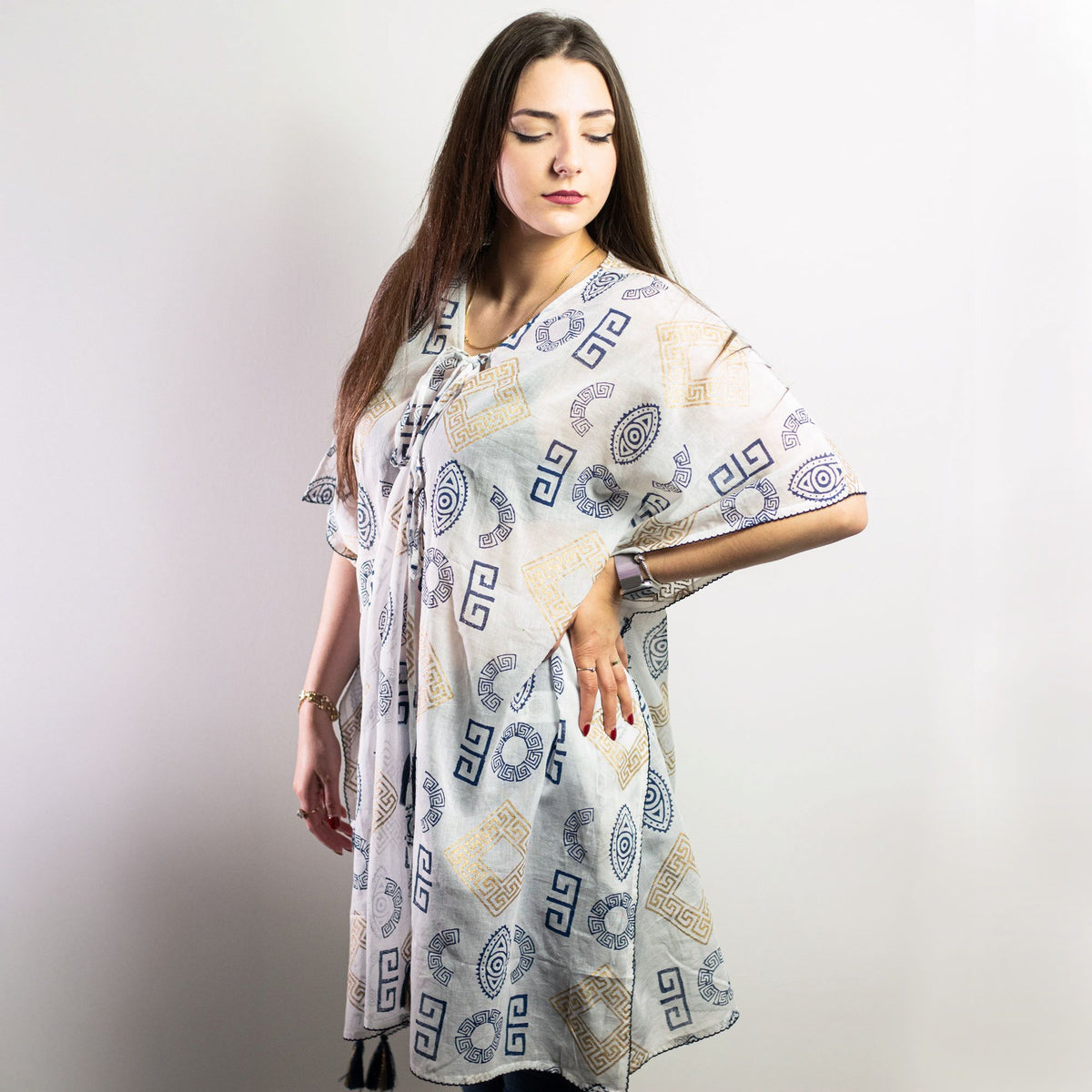 Gold and Blue Hand-Painted Greek Motif Kaftan