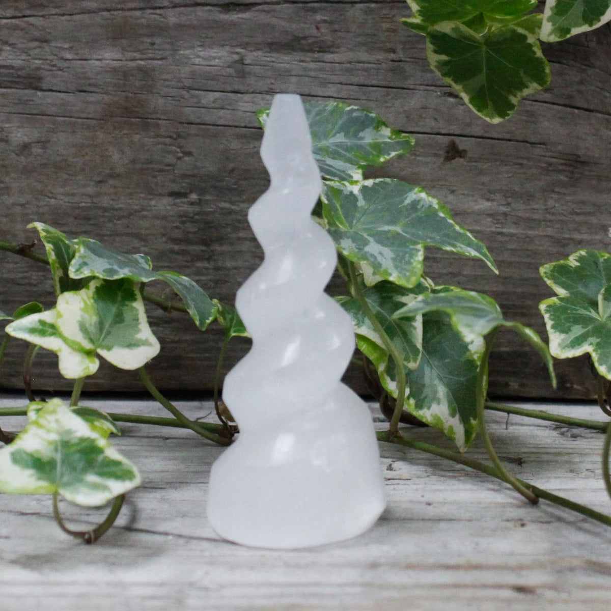 Selenite Spiral Unicorn Horn Tower – 10cm