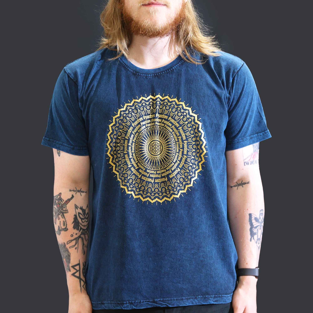 Mandala Stonewashed Cotton T-Shirt – Blue, Large