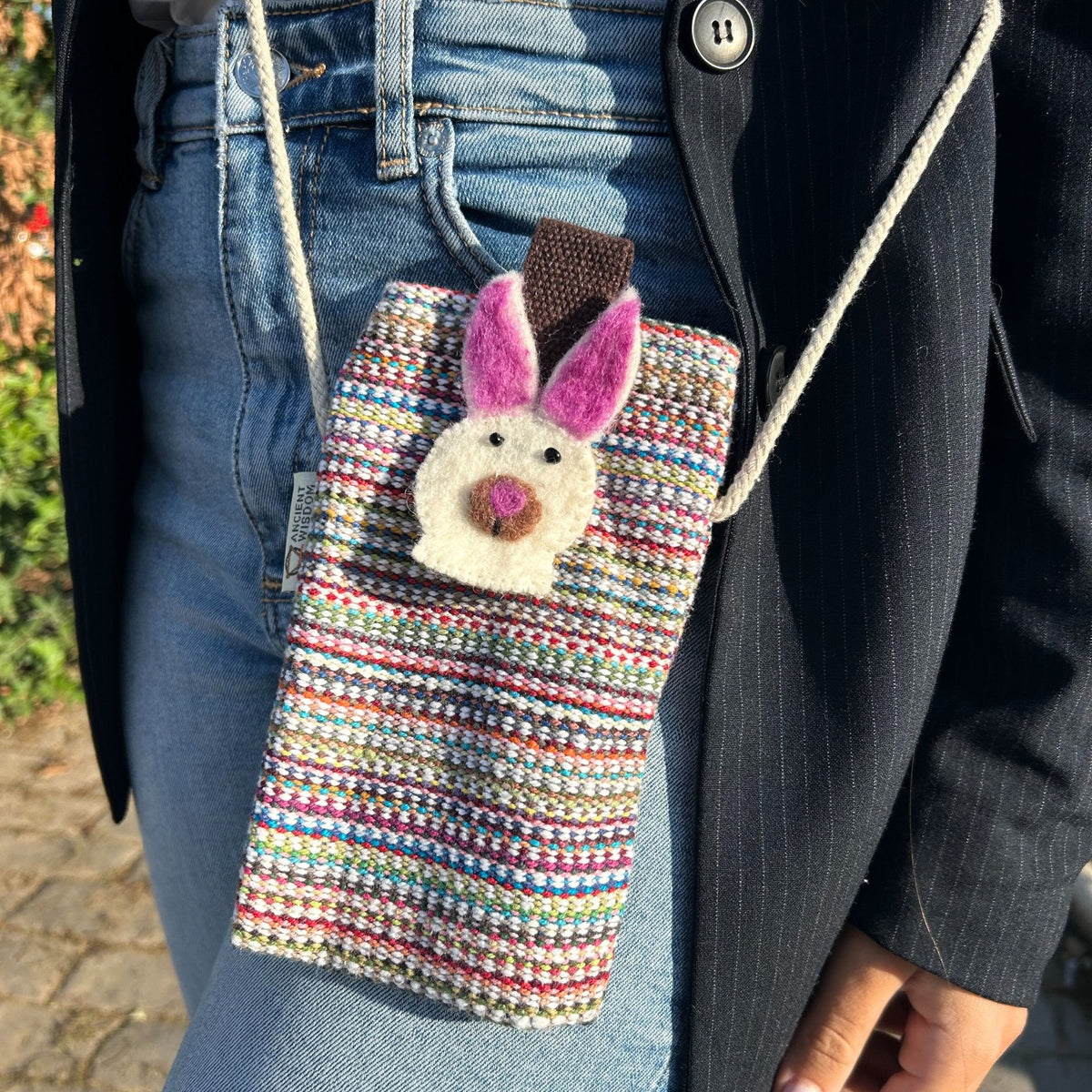 Striped Phone Holder Bag with Pink Bunny Detail