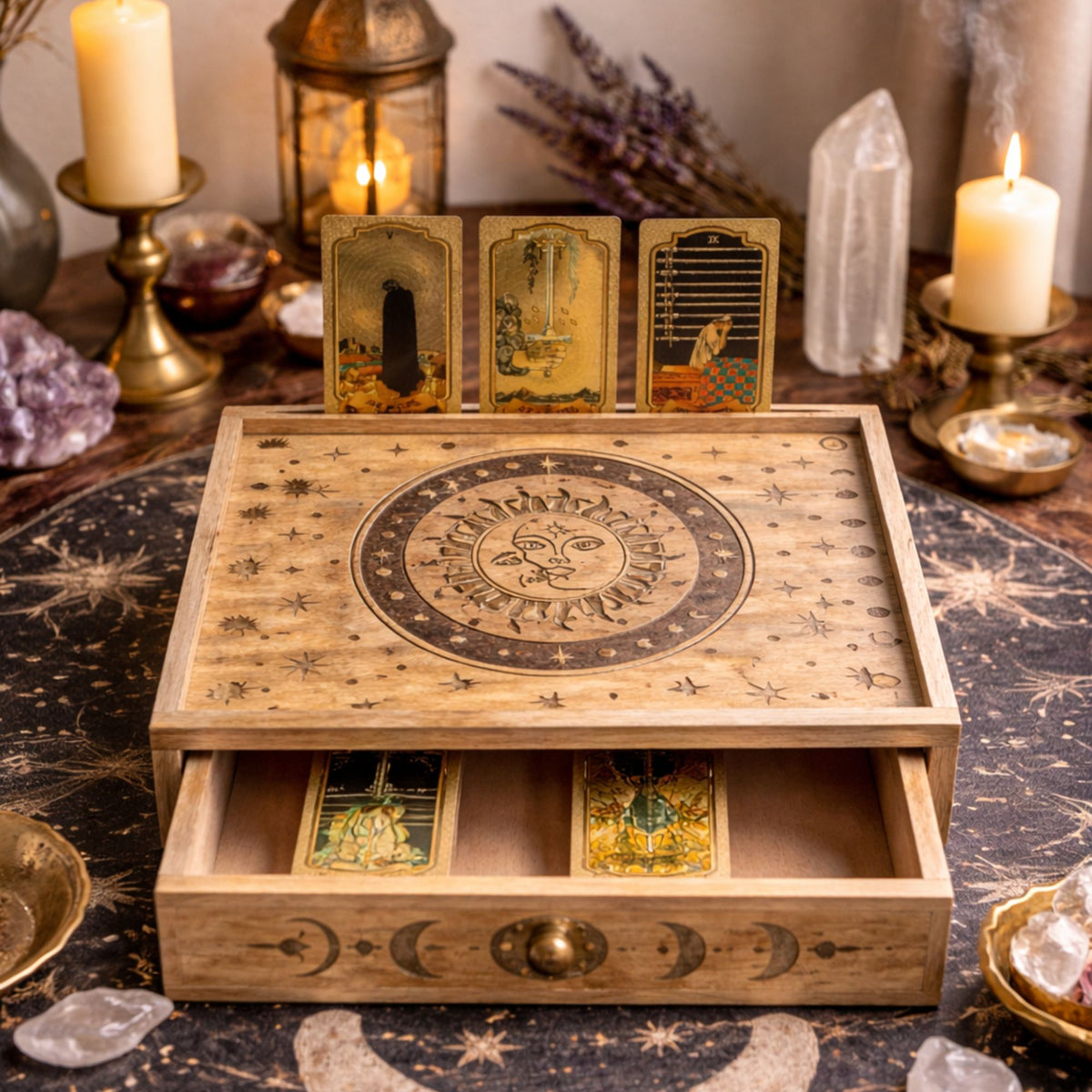Sun and Moon Carved Tarot Box with Drawer