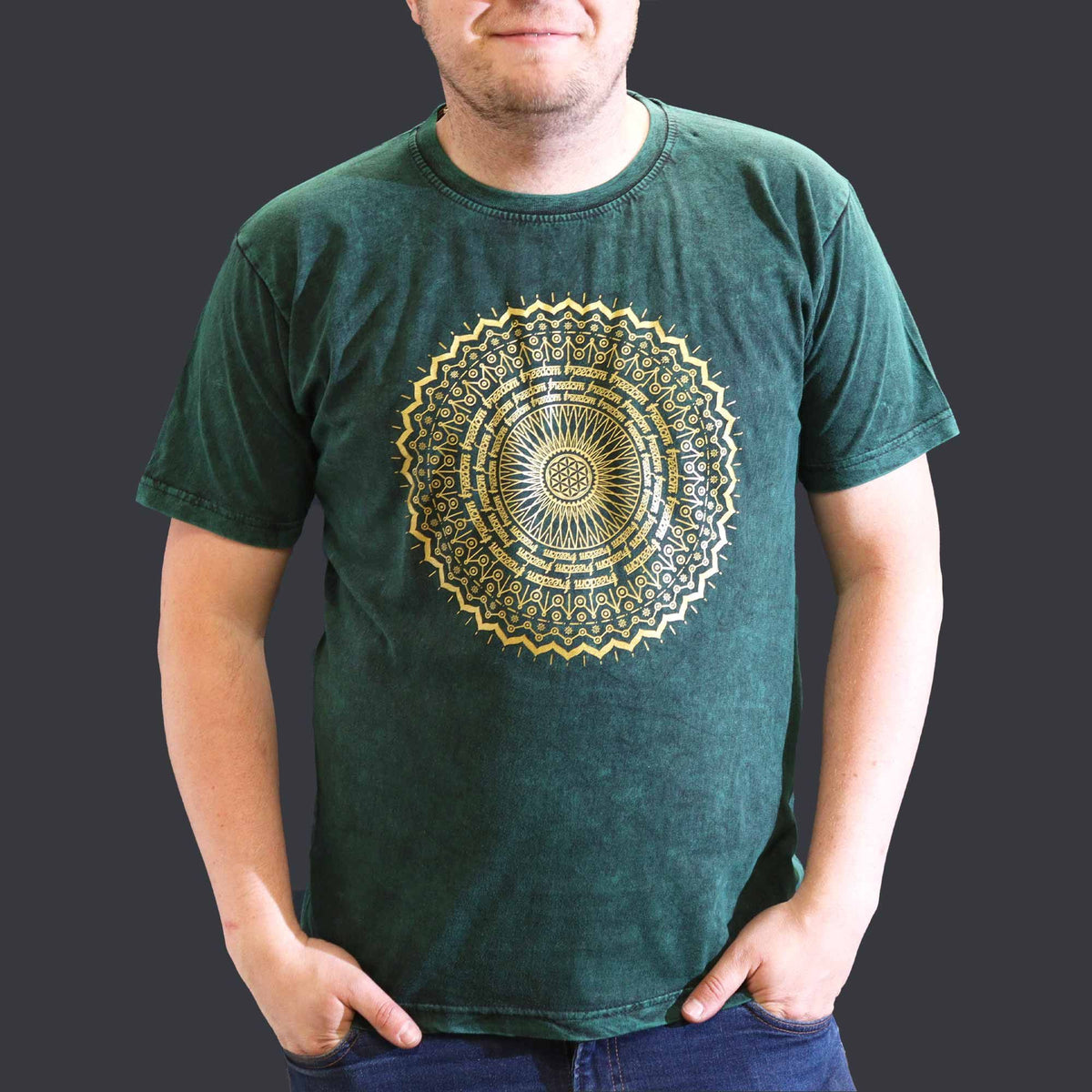 Mandala Green Stonewashed Cotton T-Shirt – XL