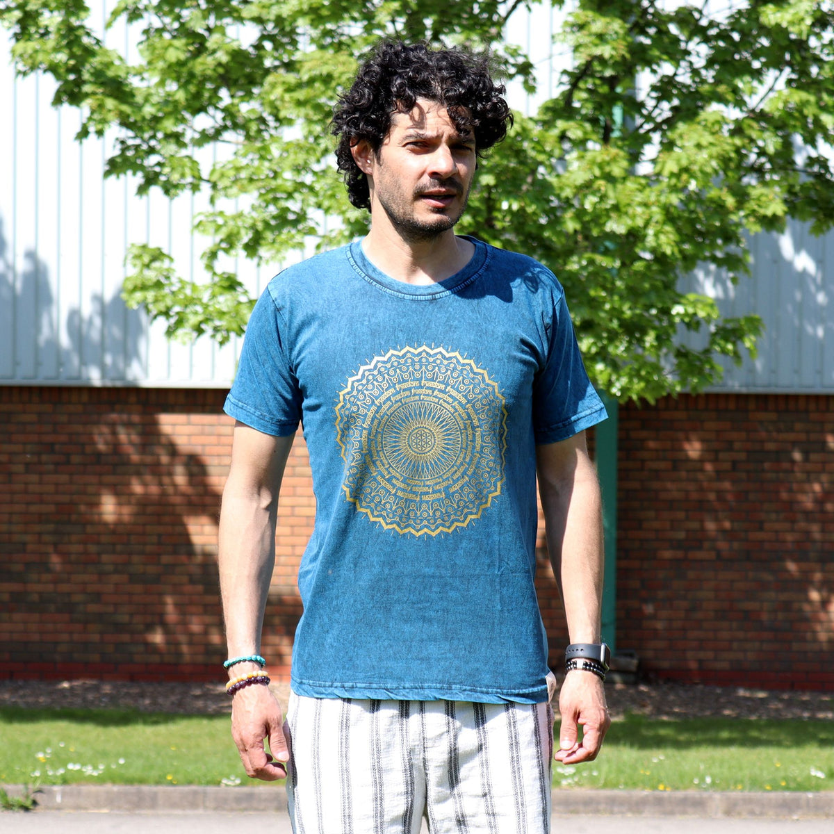 Mandala Stonewashed Cotton T-Shirt – Blue, Medium