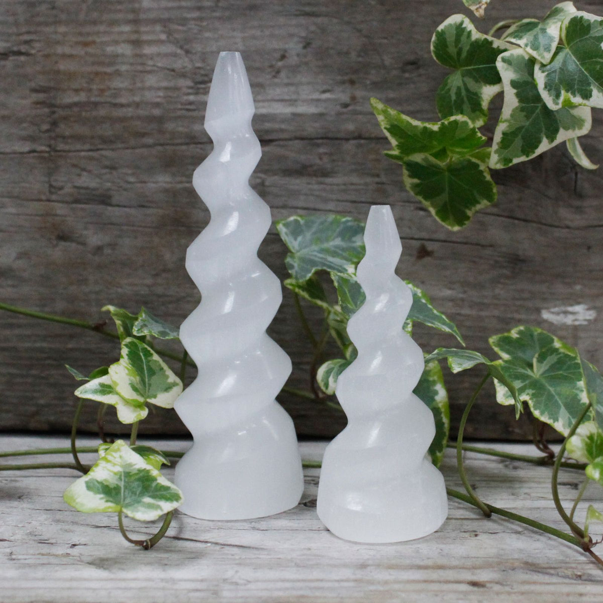Selenite Spiral Unicorn Horn Tower – 10cm