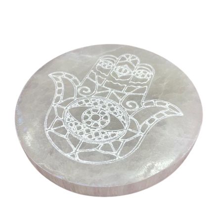 Selenite Charging Plate with Hamsa Design – 10cm