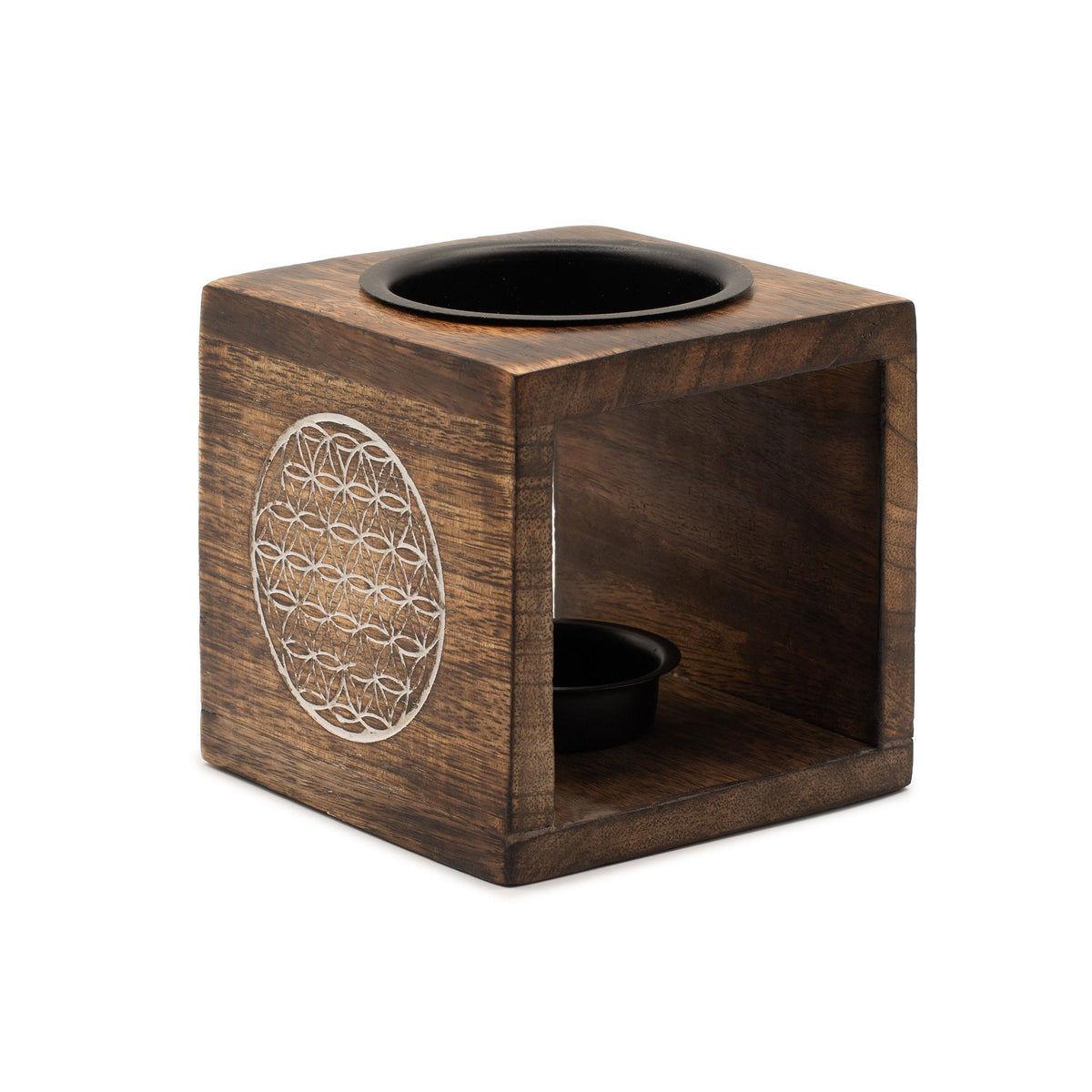 Square Mango Wood Oil Burner with Flower of Life