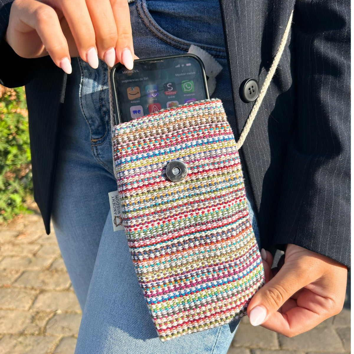 Striped Phone Holder Bag with Pink Bunny Detail