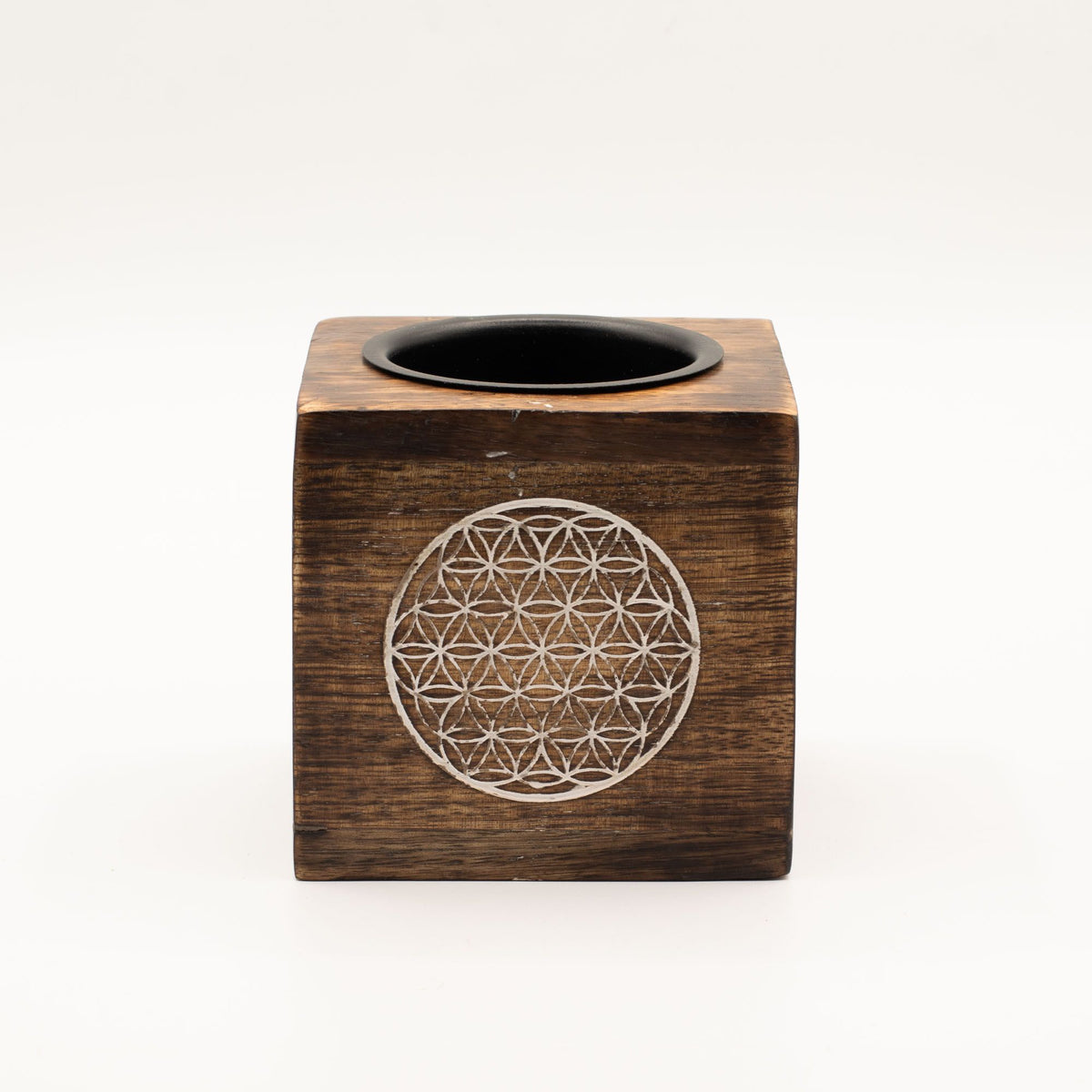 Square Mango Wood Oil Burner with Flower of Life