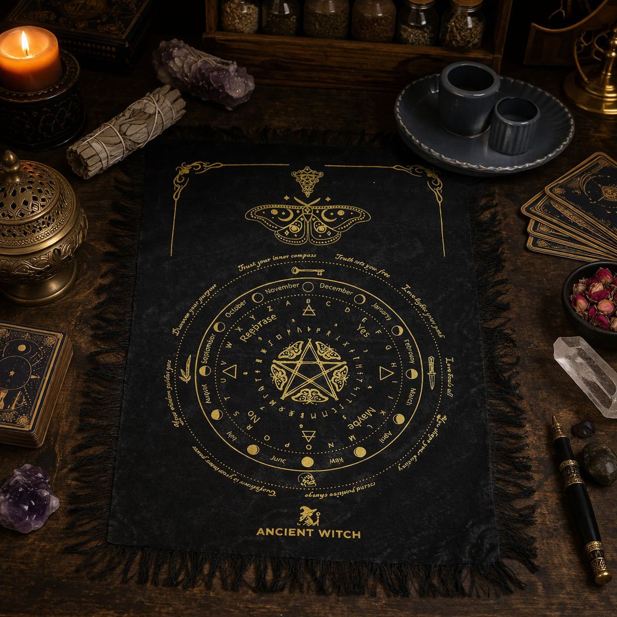 Mystic Moth Pendulum Divination Cloth – Black and Gold