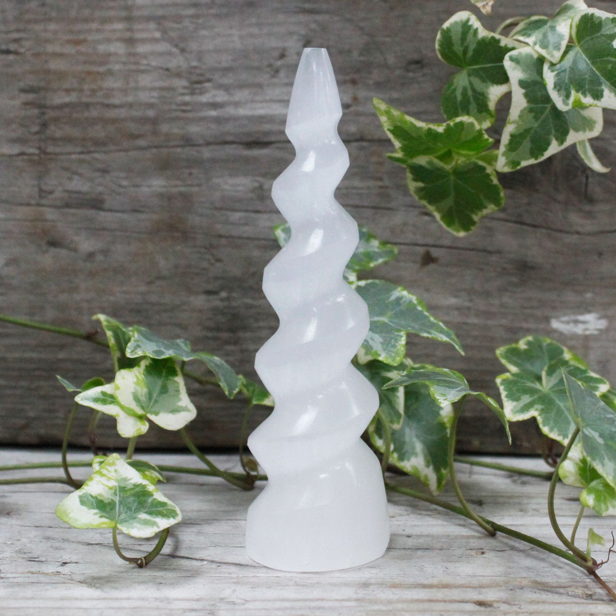 Spiral Selenite Unicorn Horn Tower – 15cm