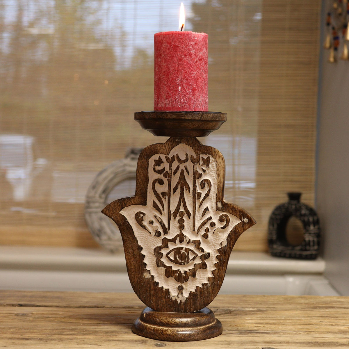 Small Mango Wood Hamsa Candle Stand – 18 x 11cm
