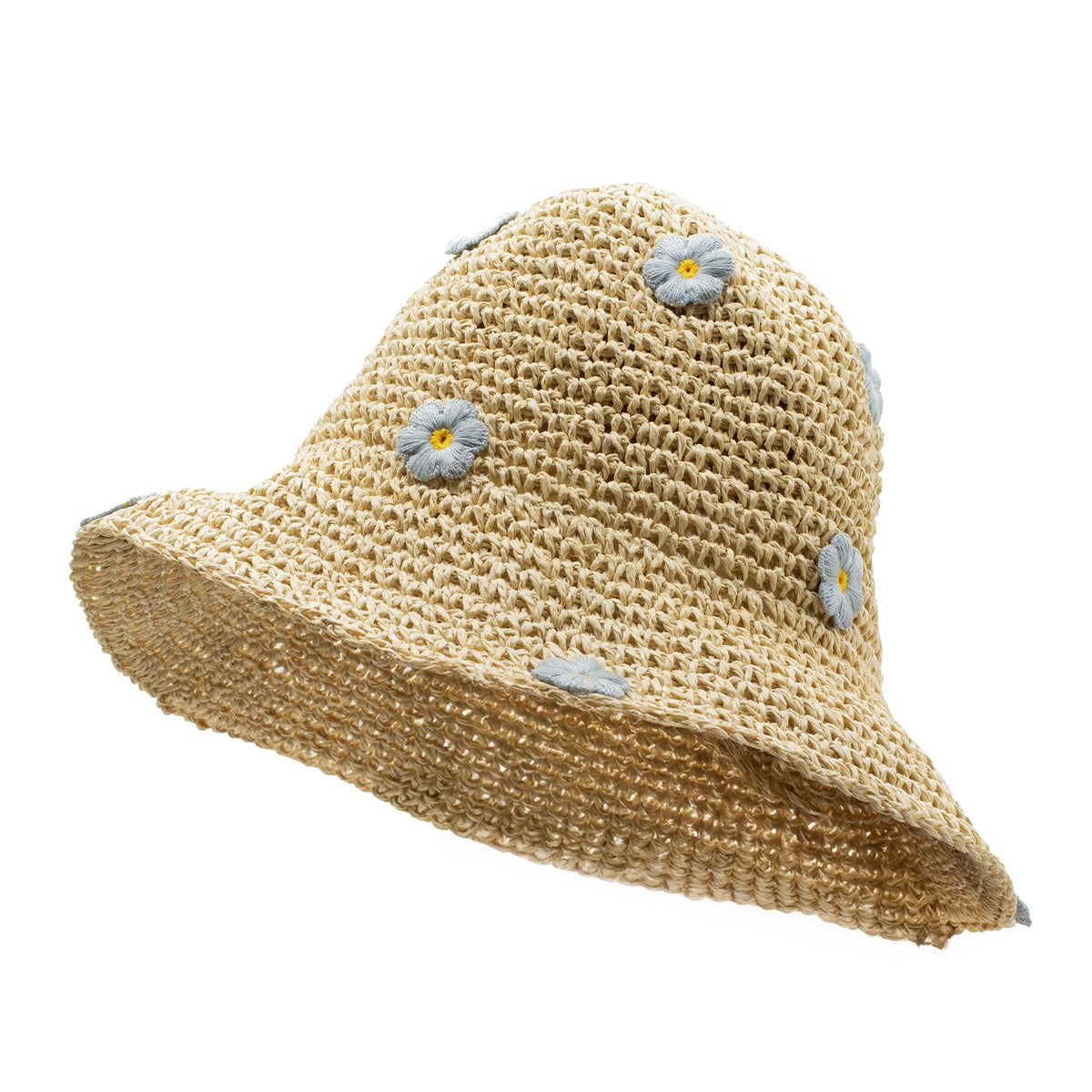 Beige Floppy Sun Hat with Blue Flowers