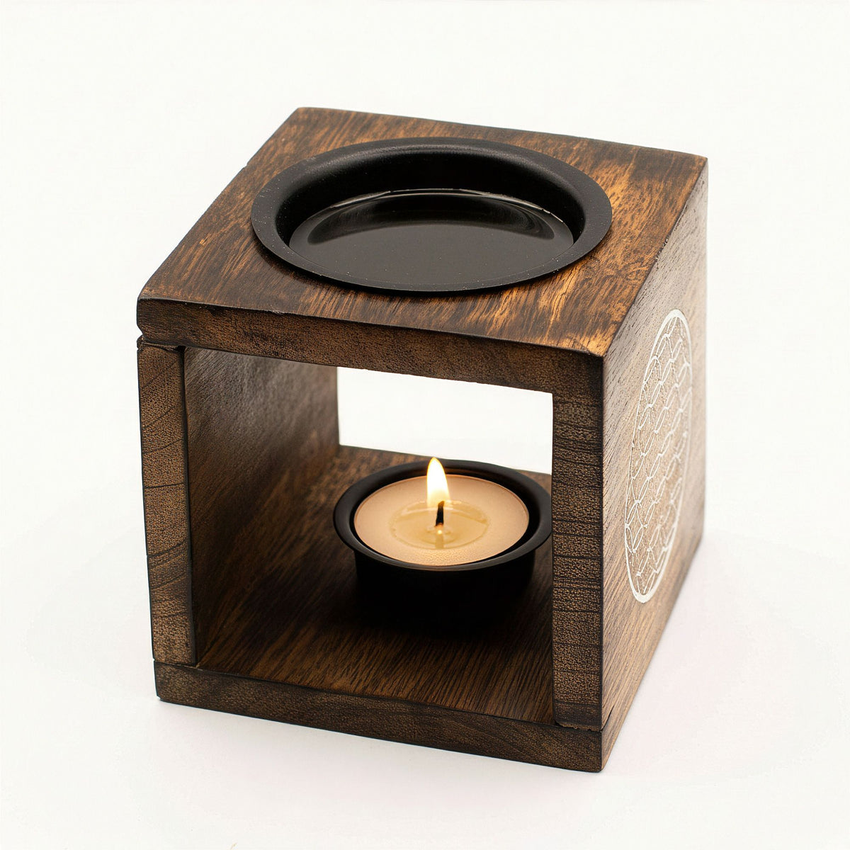 Square Mango Wood Oil Burner with Flower of Life