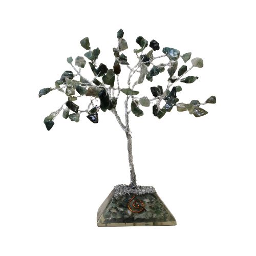 Moss Agate Gemstone Tree with Orgonite Base – 80 Stones